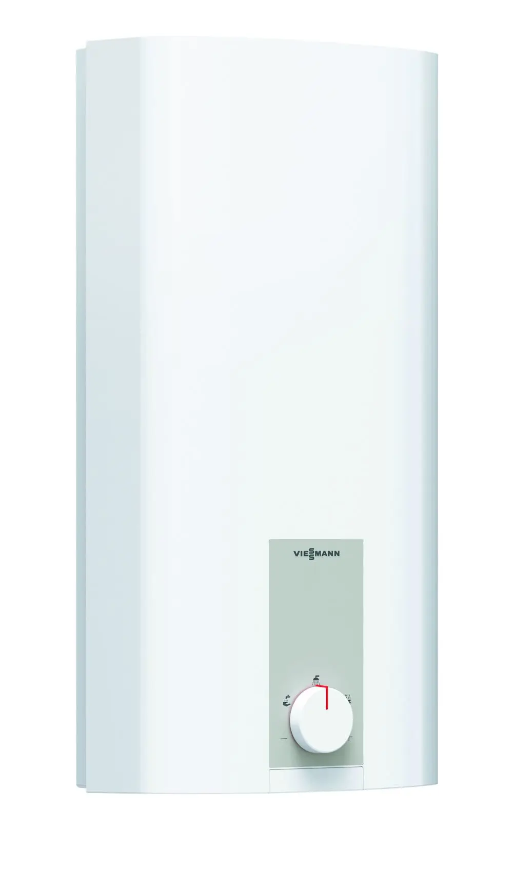 Weißer Durchlauferhitzer von Viessmann, mit einem runden, rot markierten Bedienelement und einem minimalistischen Design, montiert an einer glatten Wand.